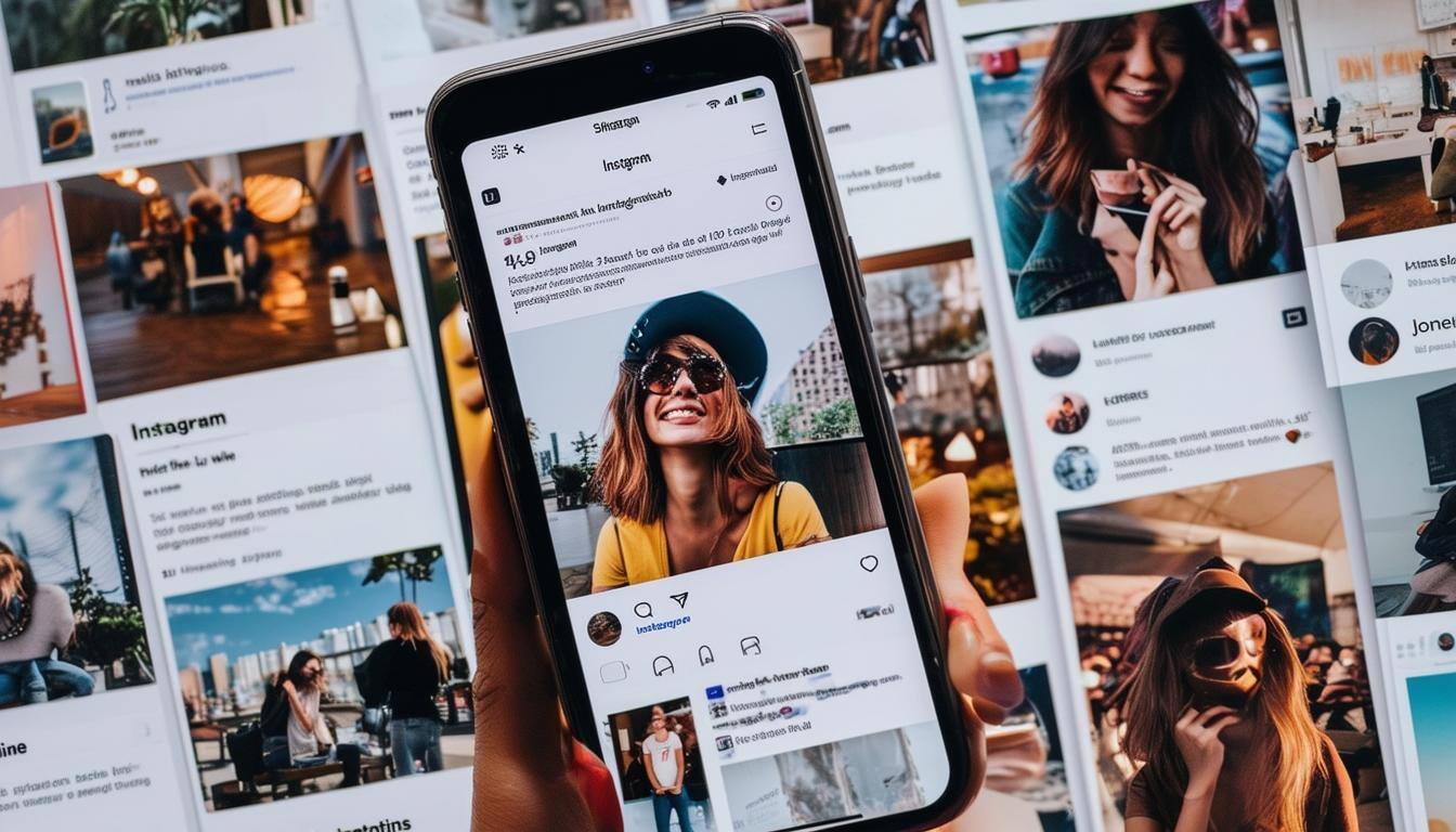 The image is of a smartphone displaying an Instagram feed with various posts, including images, videos, and captions