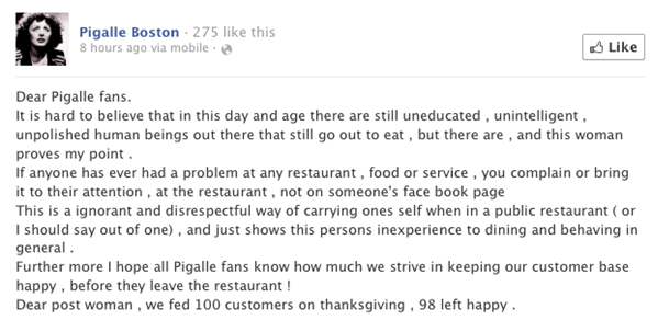 a screenshot of a response by Pigalle restaurant in Boston to a customer is an example of an extremely bad customer service on social media.