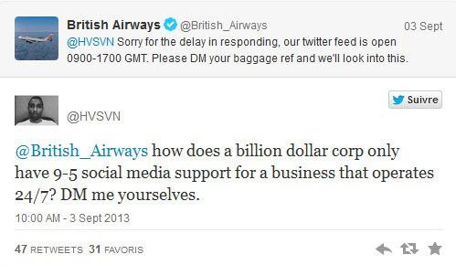 Belated Tweet response from British Airways social media customer service