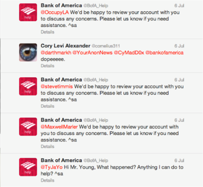 Bank of America automated tweet replies to mentions