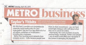 A screenshot of metro business newspaper with Taylor's Titbits