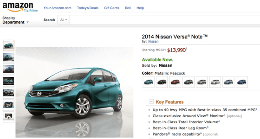 Nissan Versa Note 2014 sold on Amazon