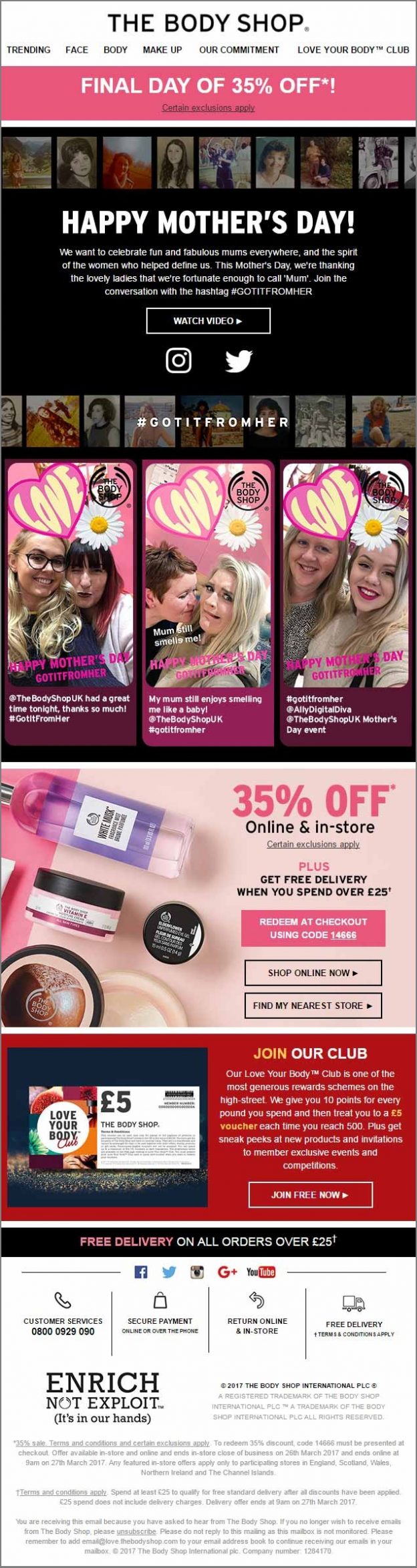 Mother's Day email by Body Shop with an RSS feed