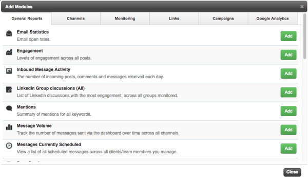 Sendible has a large number of social media report modules
