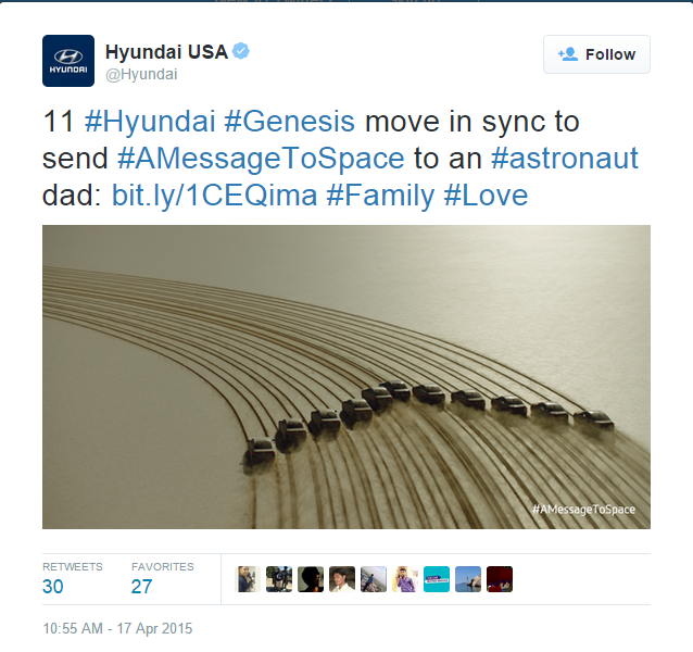 11 #Hyndai #Genesis move in sync to send #AMessageToSpace to an #astronaut dad