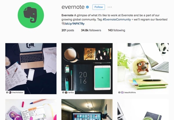 Evernote's branded Instagram page