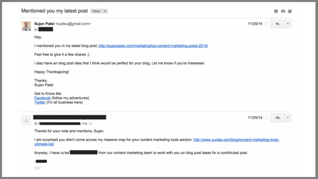 An example of an outreach email Sujan Patel sends to other businesses