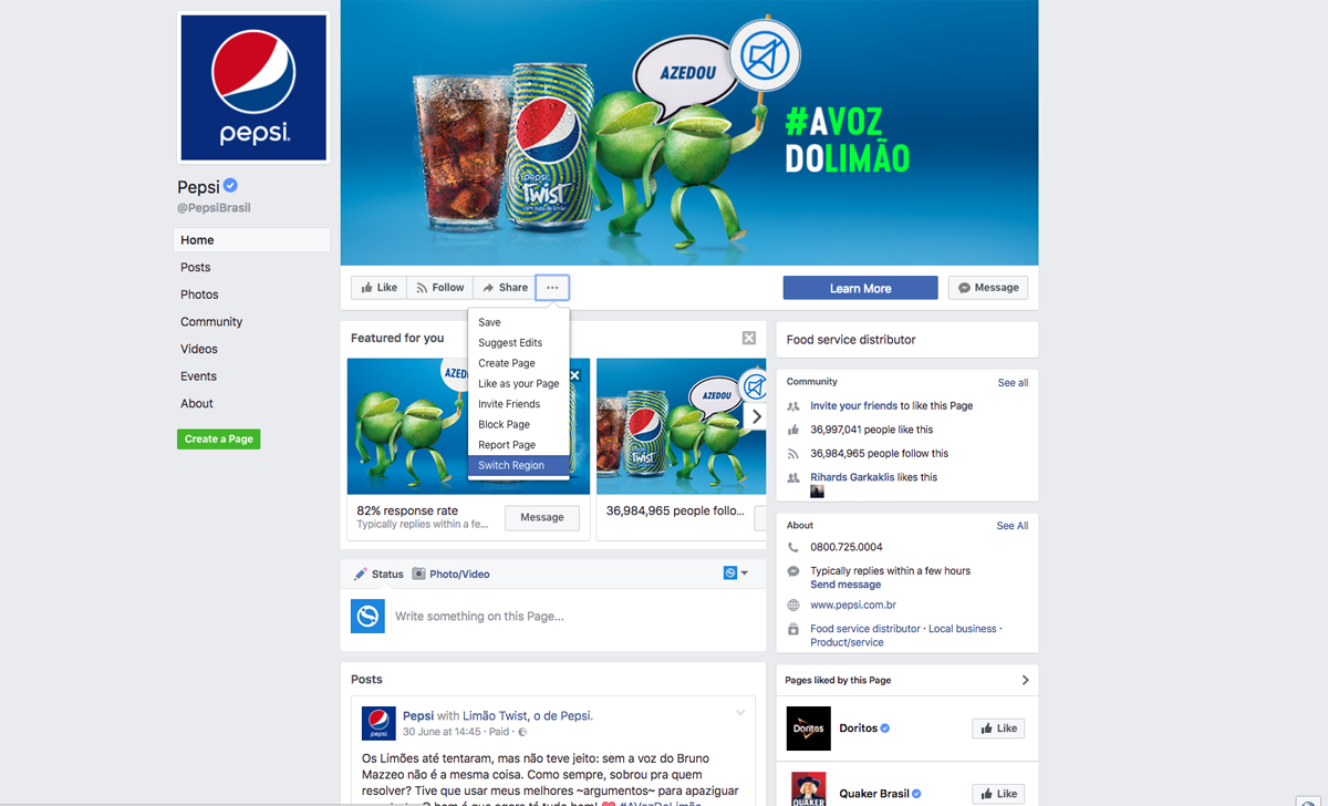 Pepsi Global Page for Brazil - switching regions