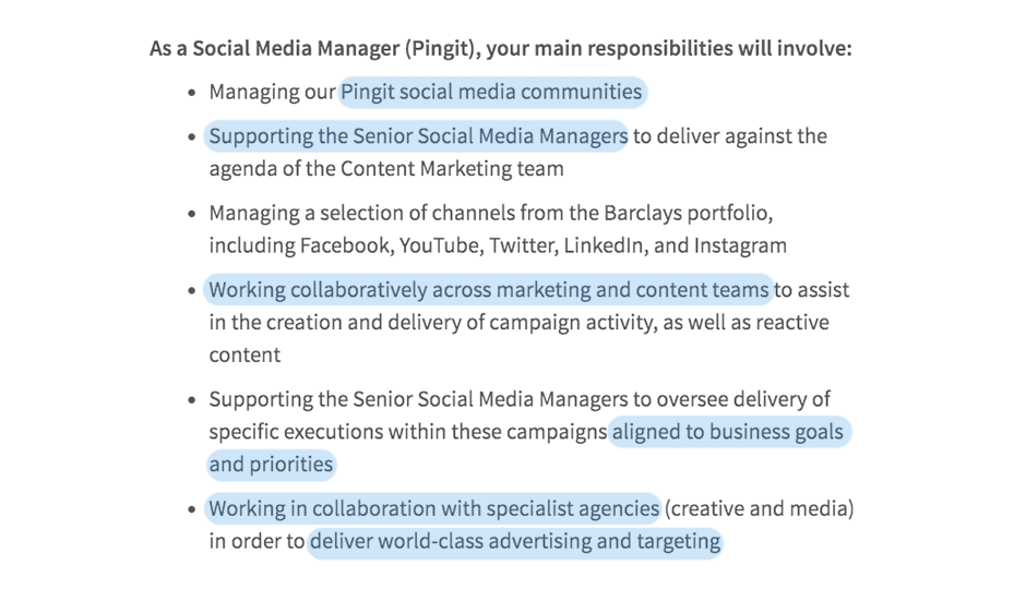 Social media manager job advert from Barclays
