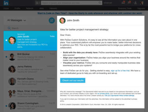 Some LinkedIn advertisements let you send messages directly through InMail