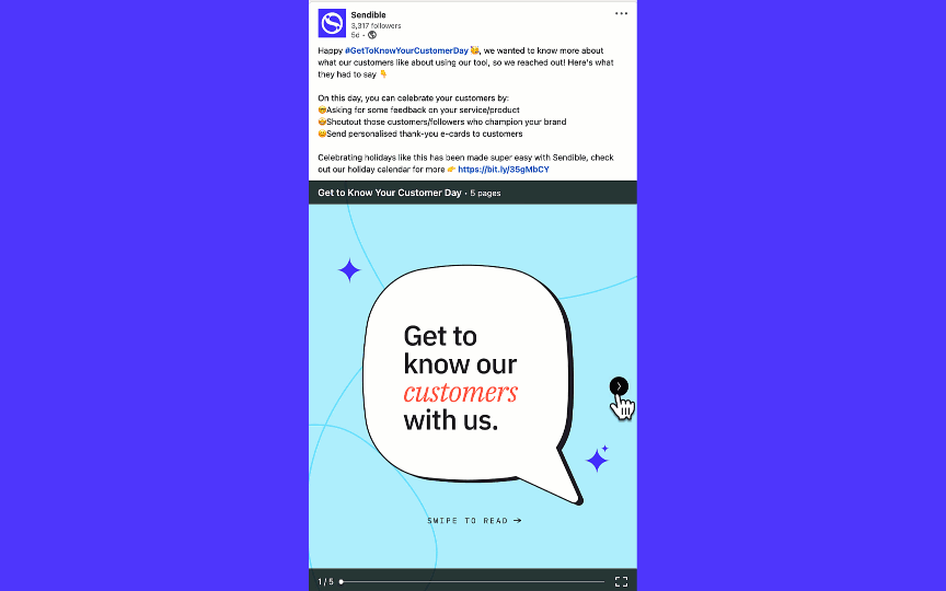 A GIF showing Sendible's LinkedIn PDF document behaving like a carousel showing quotes by our customers. This carousel is celebrating the Get to know you customer day.