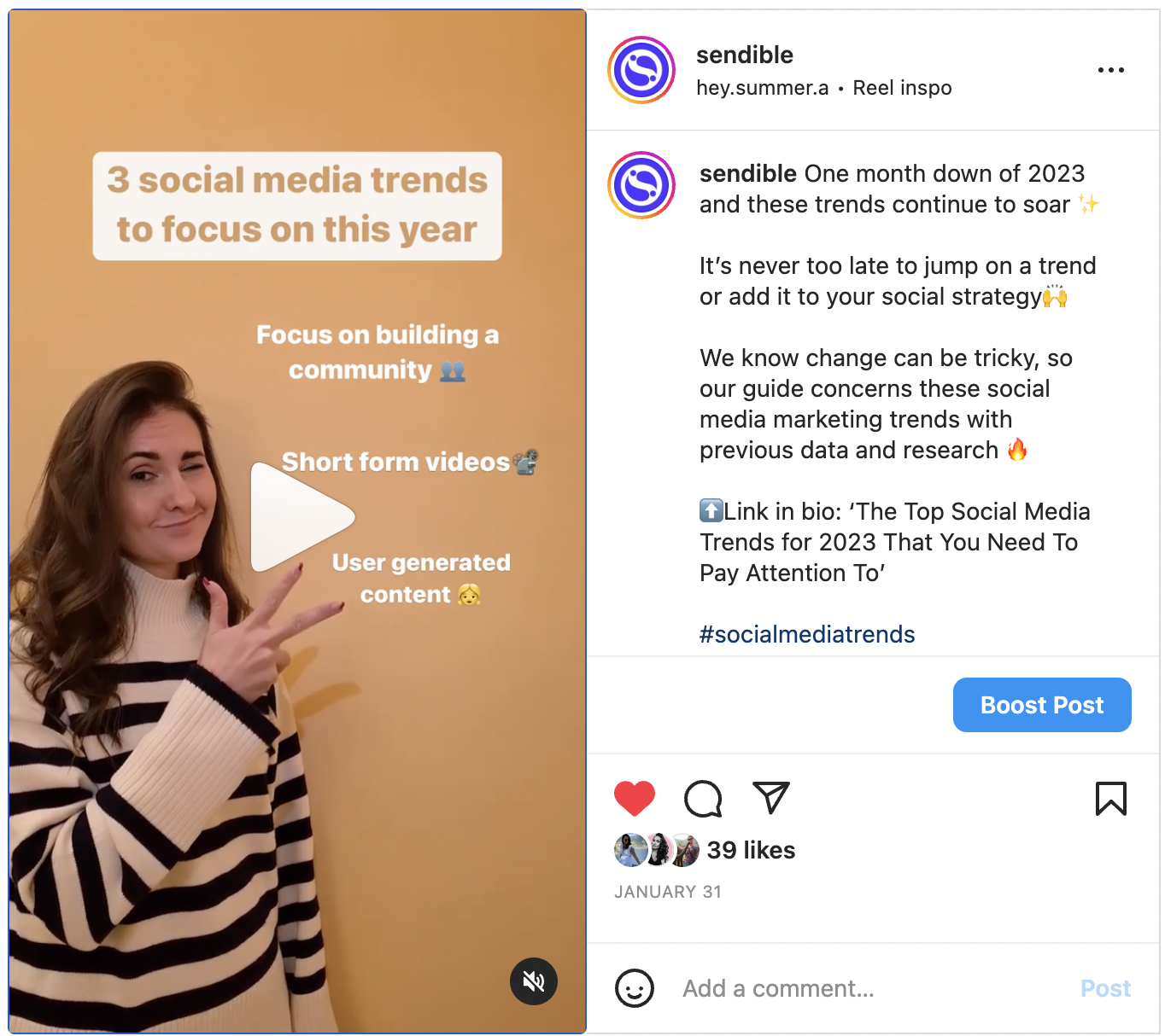 Screenshot of a Instagram reel post by Sendible and 3 social media trends to focus on this year
