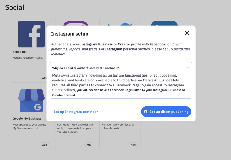 connecting Instagram account to Sendible