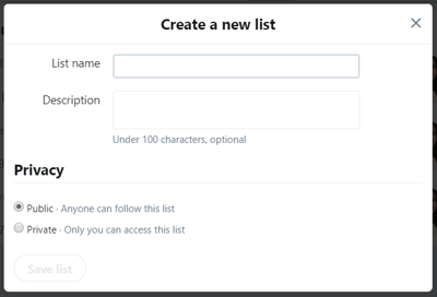 Create a new list option in Twitter