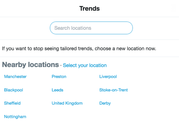 Select a different location for Twitter trends
