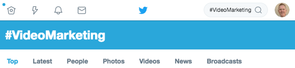 Twitter search for #VideoMarketing hashtag