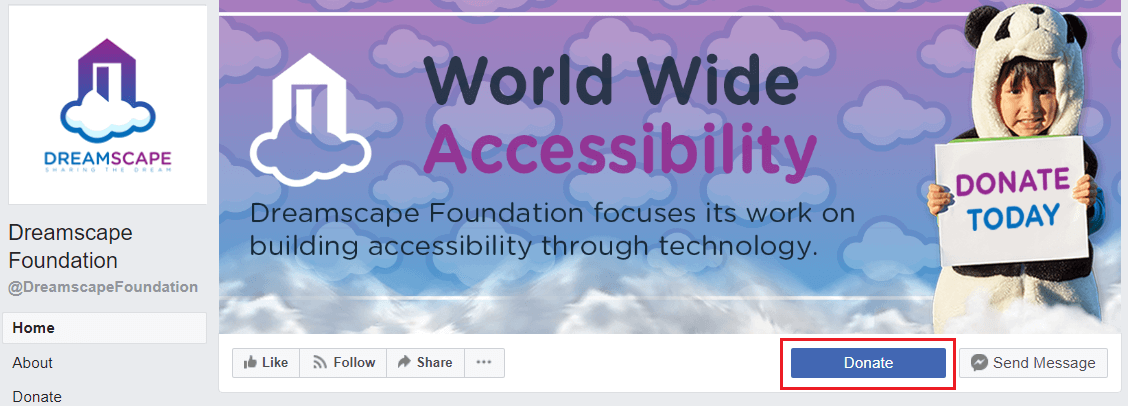 Donate button on Dreamscape Foundation's Facebook Page