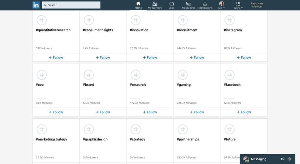 the menu for finding relevant LinkedIn hashtags