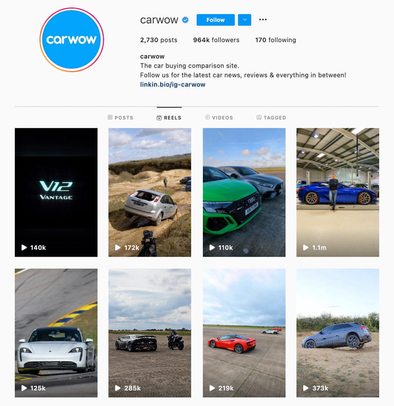 carwow's Reels feed on Instagram