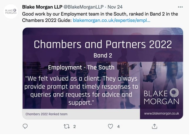 example of sharing news on Twitter by Blake Morgan LLP