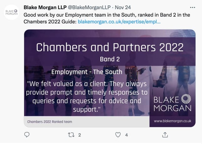 example of sharing news on Twitter by Blake Morgan LLP