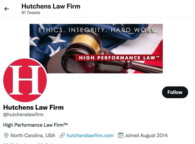 good Twitter profile example by Hutchens Law Firm