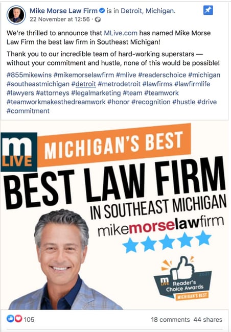 Mike Morse Law Form's Facebook post highlighting teamwork