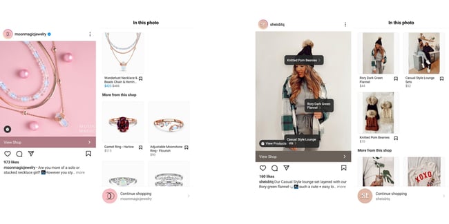 Instagram shopping and social media commerce are one of the top social media trends. Follow examples of Moonmagic shop and sheisbtq