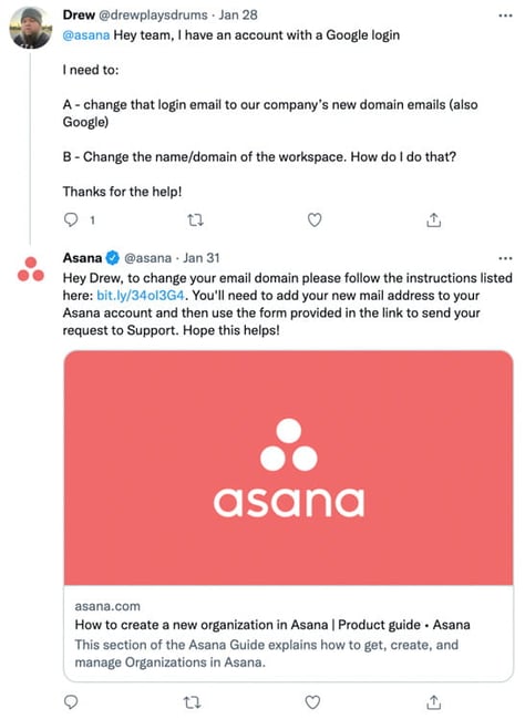 community management example from asana on twitter