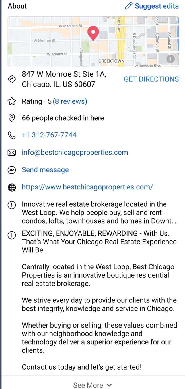 Facebook About section of Best Chicago properties