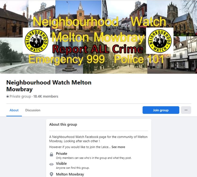 real estate social media example of Neighbourhood watch Facebook group by Melton Mowbray