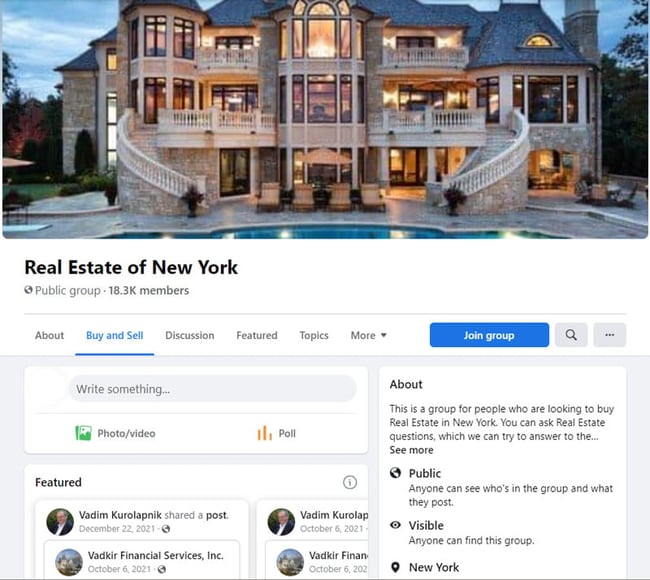 social media real estate of New York Facebook group
