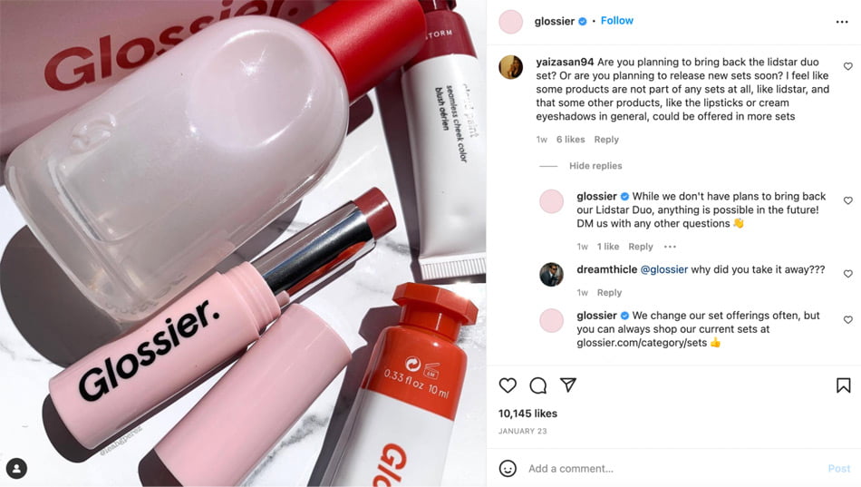 example of responding to customer feedback on instagram by glossier