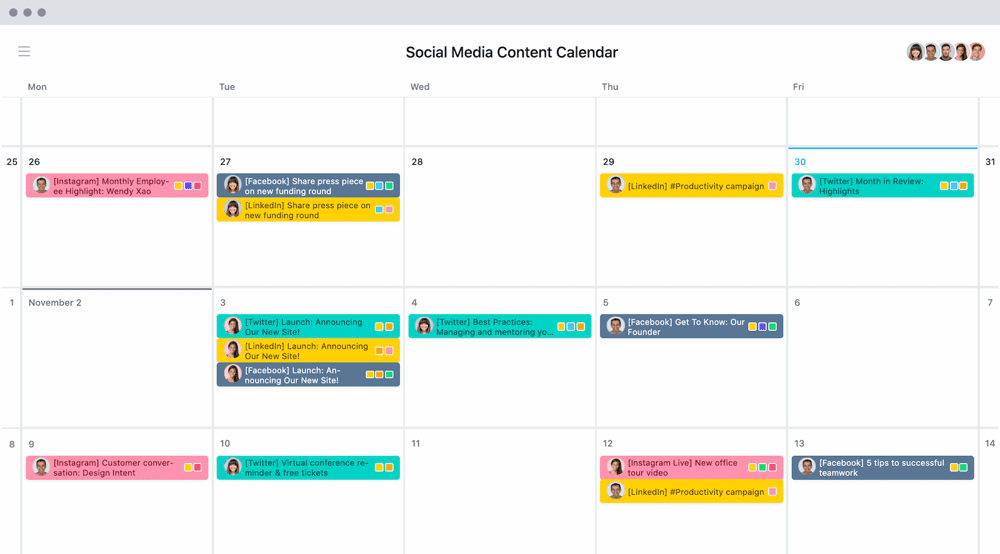 Asana's social media content calendar example
