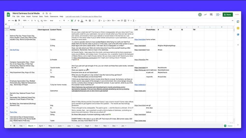 Google sheet divided in tabs per months. Each sheet contains various columns that allows social media managers and clients to collaborate on social media posts.