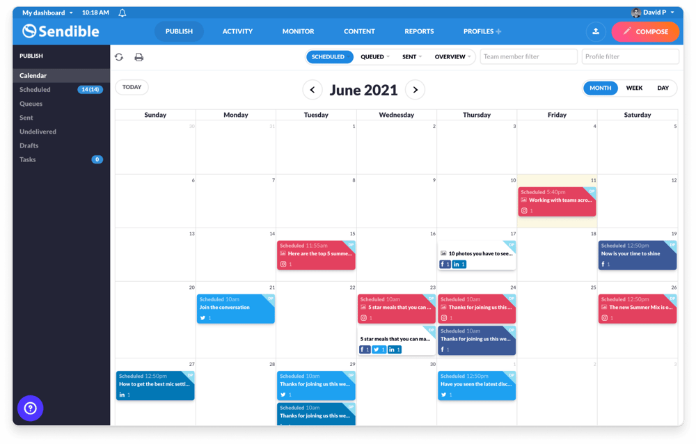 Sendible's social media scheduling calendar