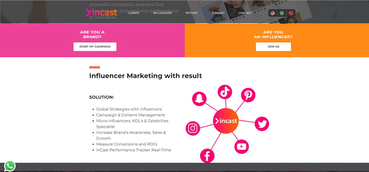 Incast agency's homepage marketing portfolio displays two calls to action immediately after header