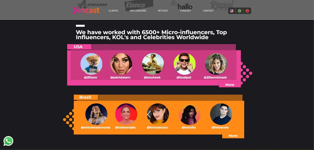 Incast agency's homepage marketing portfolio displays the number and interactive carousel of influencers