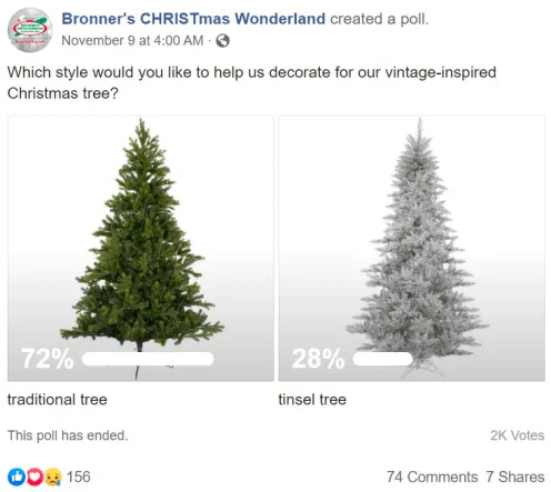 Bronner's Christmas Wonderland Facebook poll post invites followers to vote for the Christmas tree they prefer
