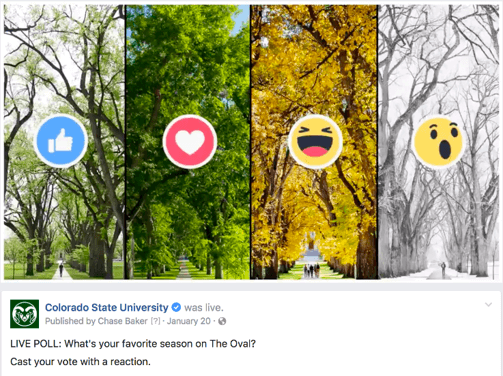 Colorado State Univesity's Facebook interactive post that invites followers to vote for their favourite season by liking the post with a corresponding emoji 