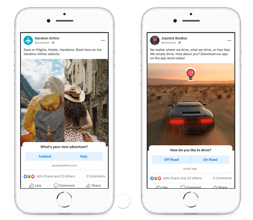 Two examples of Facebook Poll posts by Vacation Airline and Joystick Studios