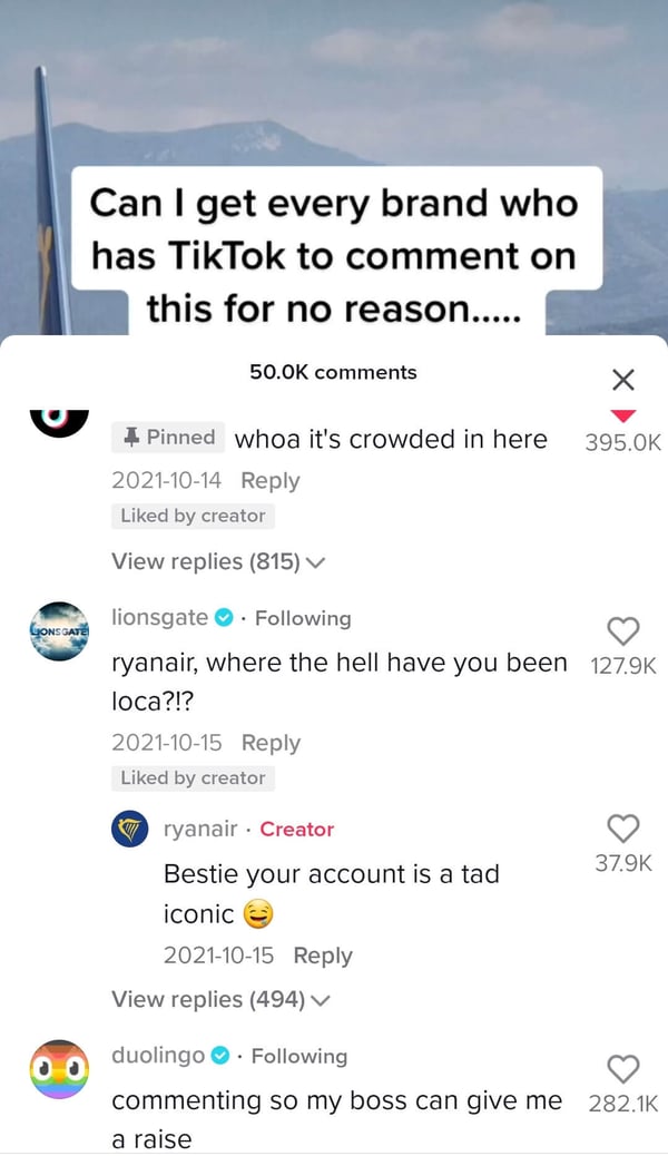 ryanair challenged brands on TikTok to comment on their video without a reason