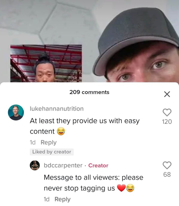 bdccarpenter TikTok fitness content creator relies on users to tag him in other people's videos if they want to hear his opinion