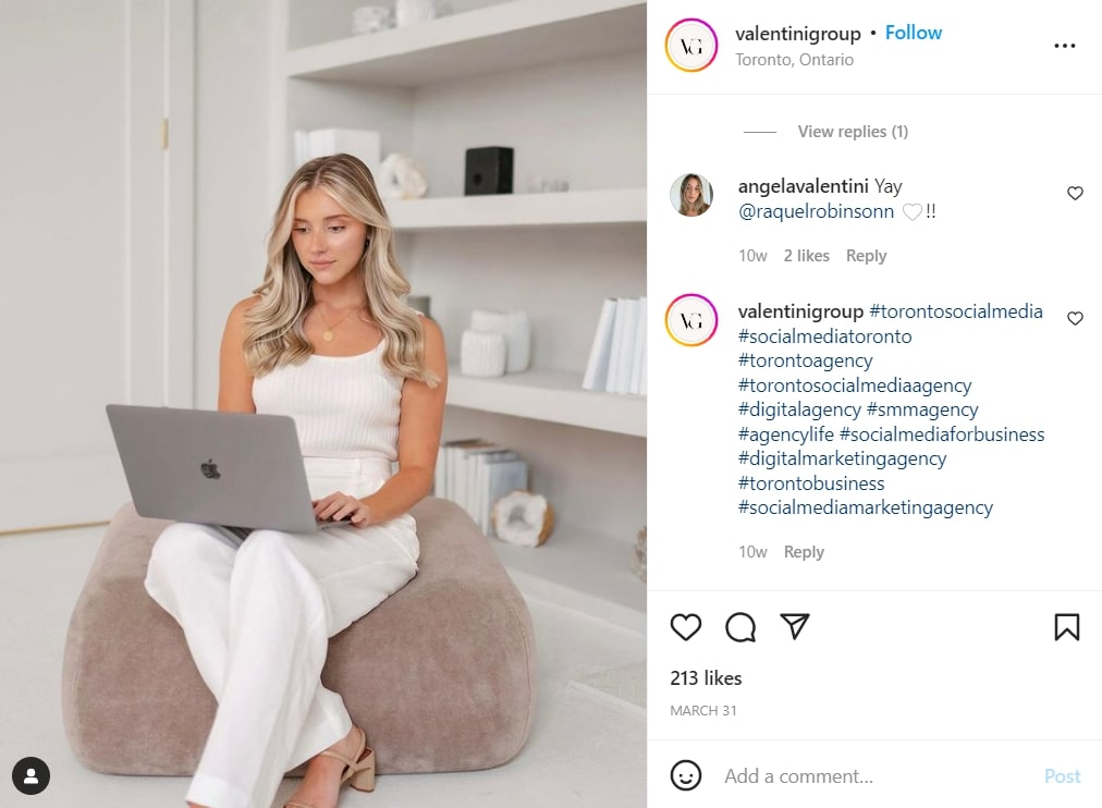 A screenshot of valentini group's instagram post with niche digital marketing agency hashtags