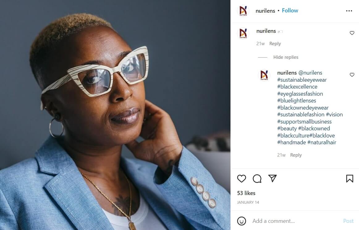 a screenshot of nurilens' instagram post with niche ecommerce hashtags
