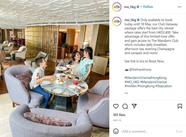 A screenshot of Mandarin Oriental Hong Kong hotel's instagram post with niche hashtags
