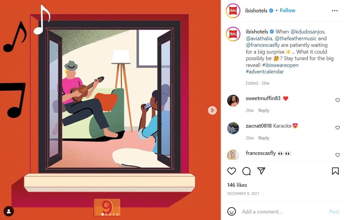 a screenshot of Ibis Hotels Instagram post that combines business hashtag #ibisweareopen and holiday hashtag #adventcalendar