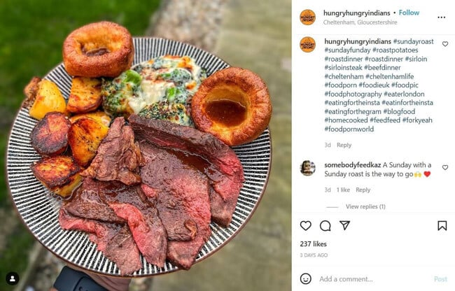 A screenshot of hungry hungry indians' instagram post with niche food hashtags