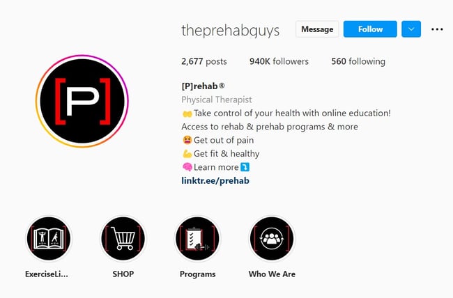 Instagram bio and Story Highlights by theprehabguys