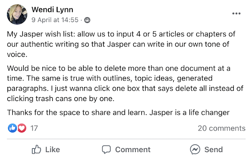 Jasper.ai Facebook group - user's comment on the Jasper's wishlist